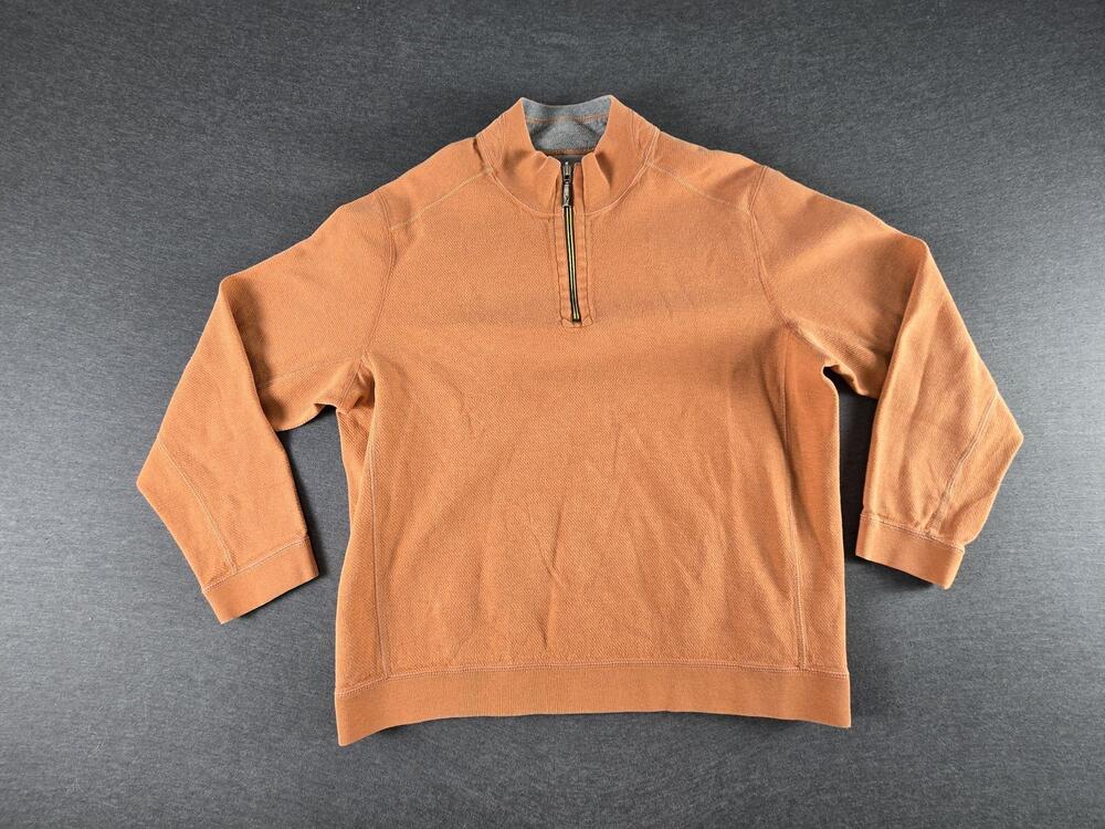Tommy Bahama Sweater Mens Large Orange 1/4 Zip Mock Neck Knit Pullover Logo
